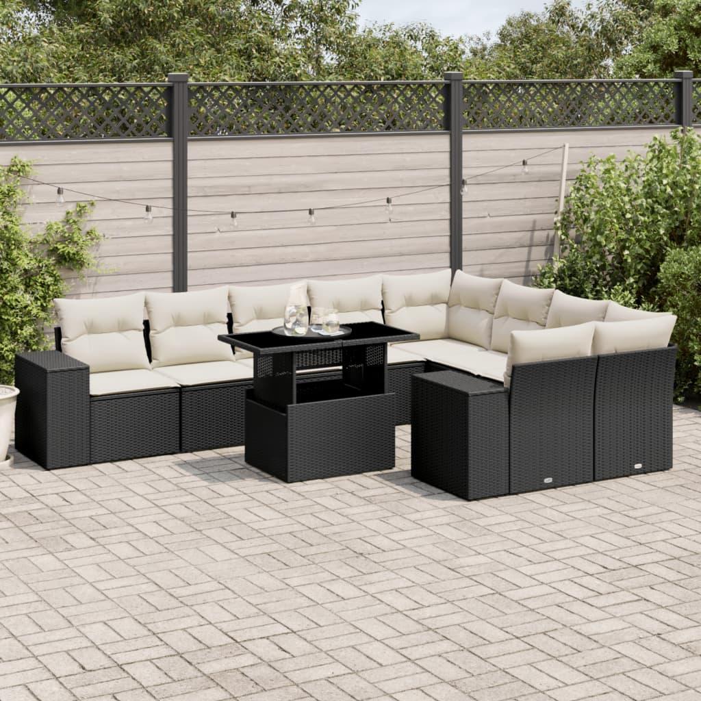 10 Piece Garden Sofa Set with Cushions Black Poly Rattan