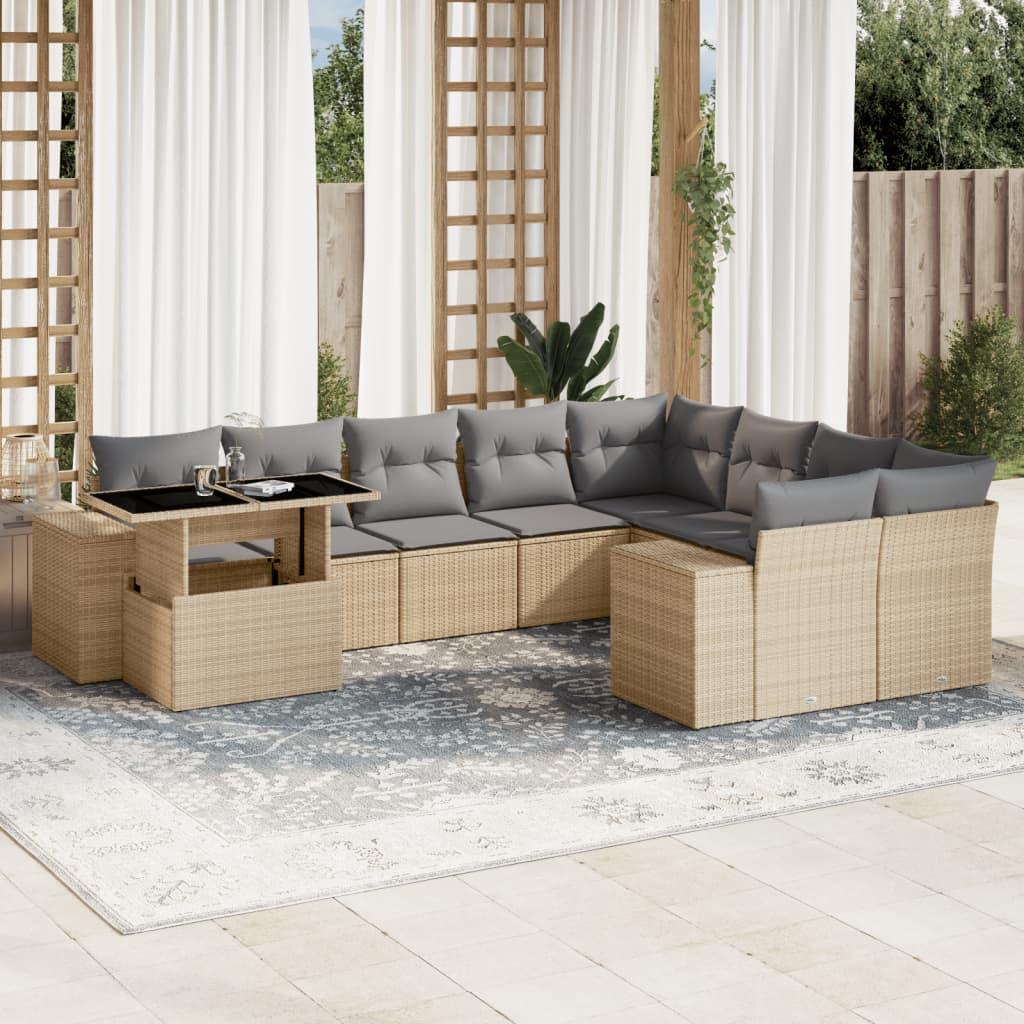 10 Piece Garden Sofa Set with Cushions Beige Poly Rattan