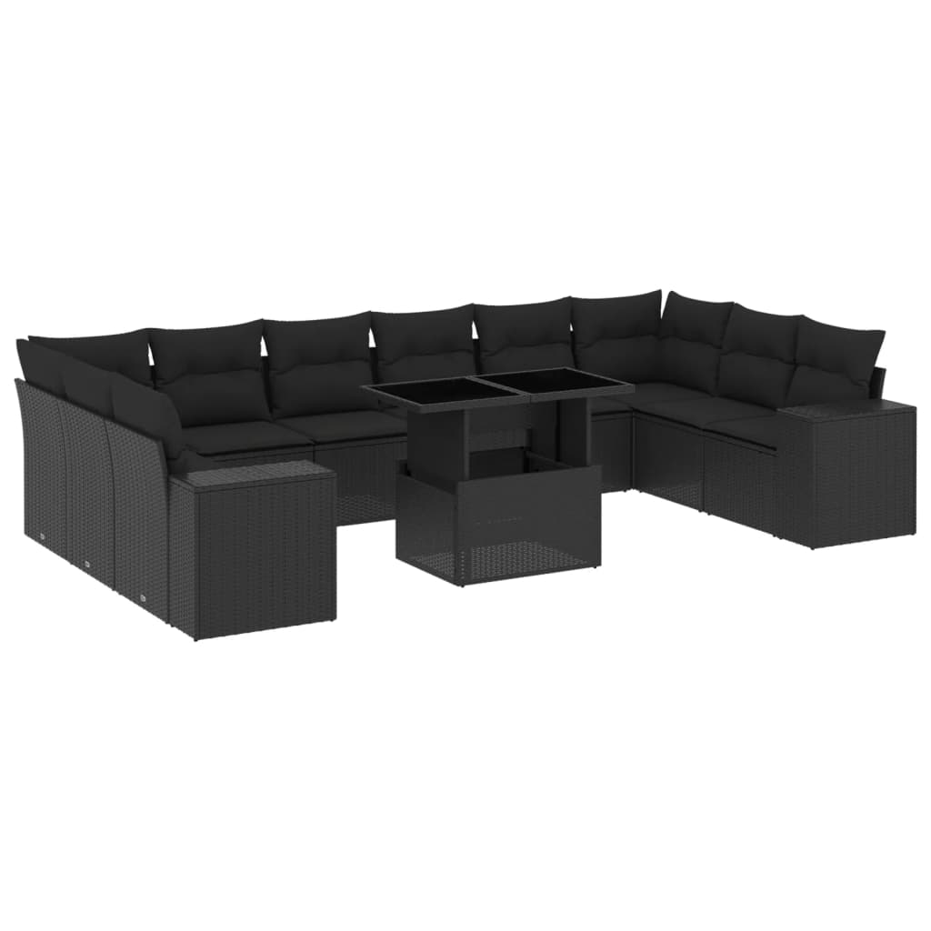 11 Piece Garden Sofa Set with Cushions Black Poly Rattan