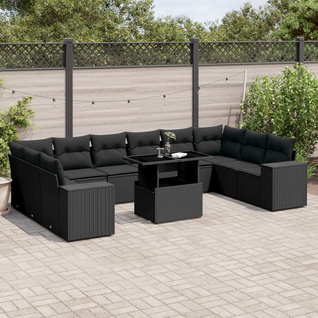 11 Piece Garden Sofa Set with Cushions Black Poly Rattan