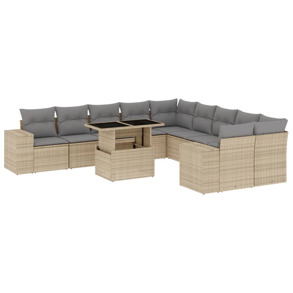 11 Piece Garden Sofa Set with Cushions Beige Poly Rattan