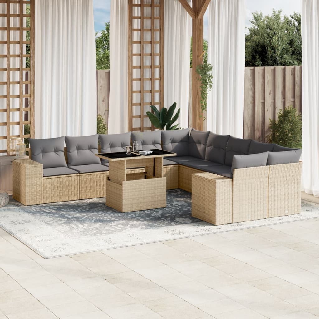 11 Piece Garden Sofa Set with Cushions Beige Poly Rattan