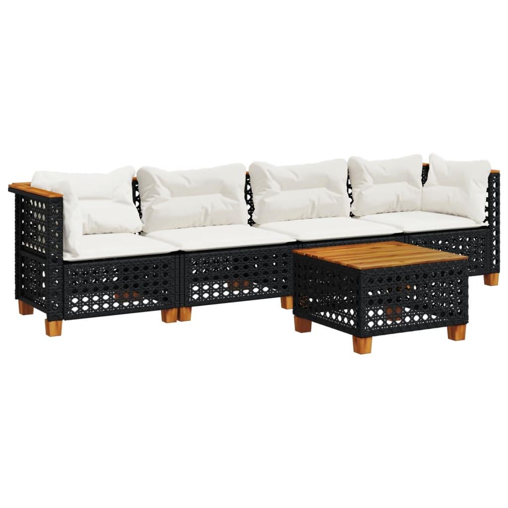5 Piece Garden Sofa Set with Cushions Black Poly Rattan