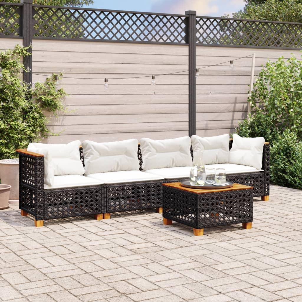 5 Piece Garden Sofa Set with Cushions Black Poly Rattan