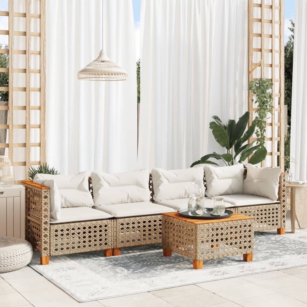 5 Piece Garden Sofa Set with Cushions Beige Poly Rattan