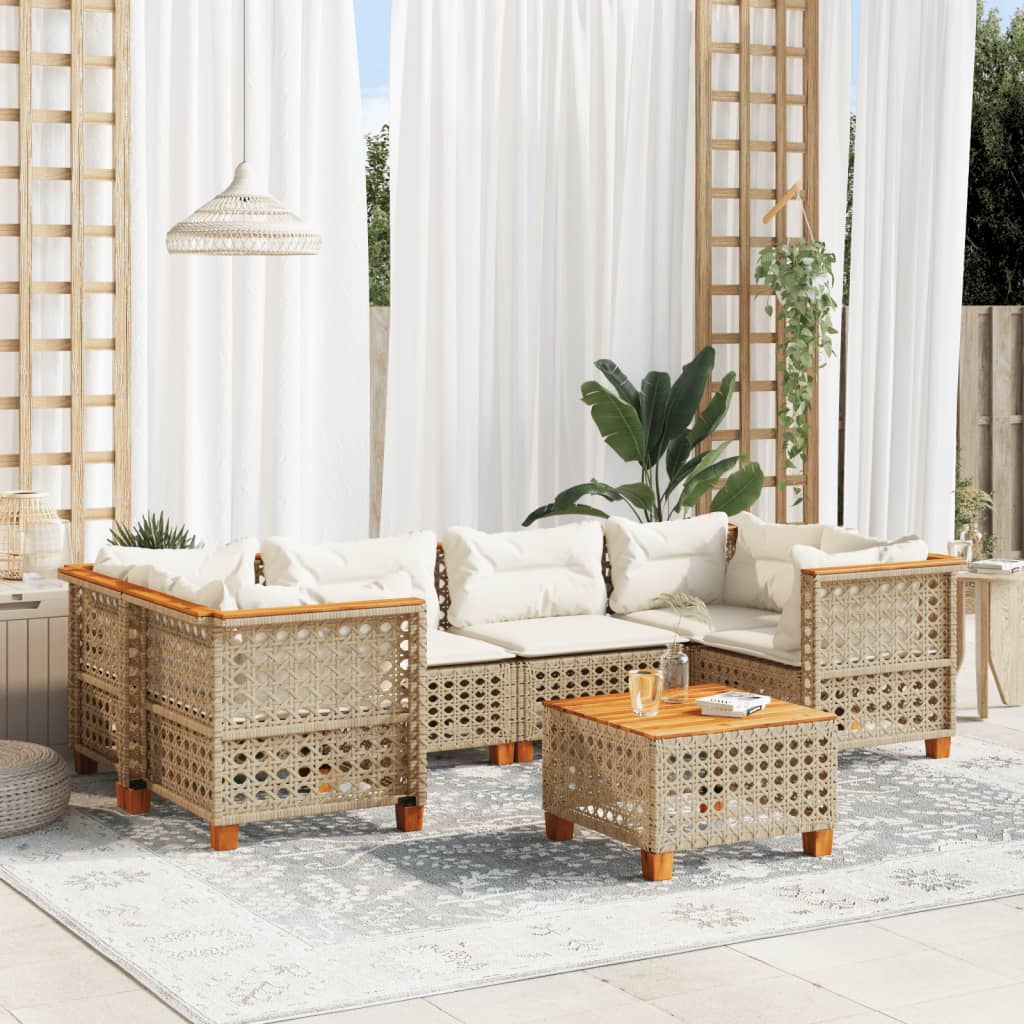 7 Piece Garden Sofa Set with Cushions Beige Poly Rattan