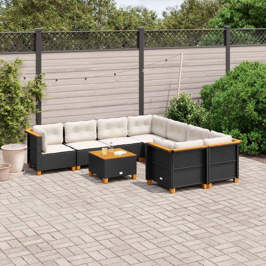9 Piece Garden Sofa Set with Cushions Black Poly Rattan