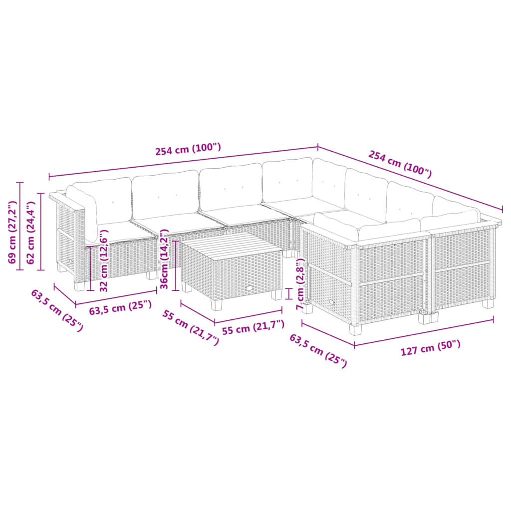 9 Piece Garden Sofa Set with Cushions Grey Poly Rattan