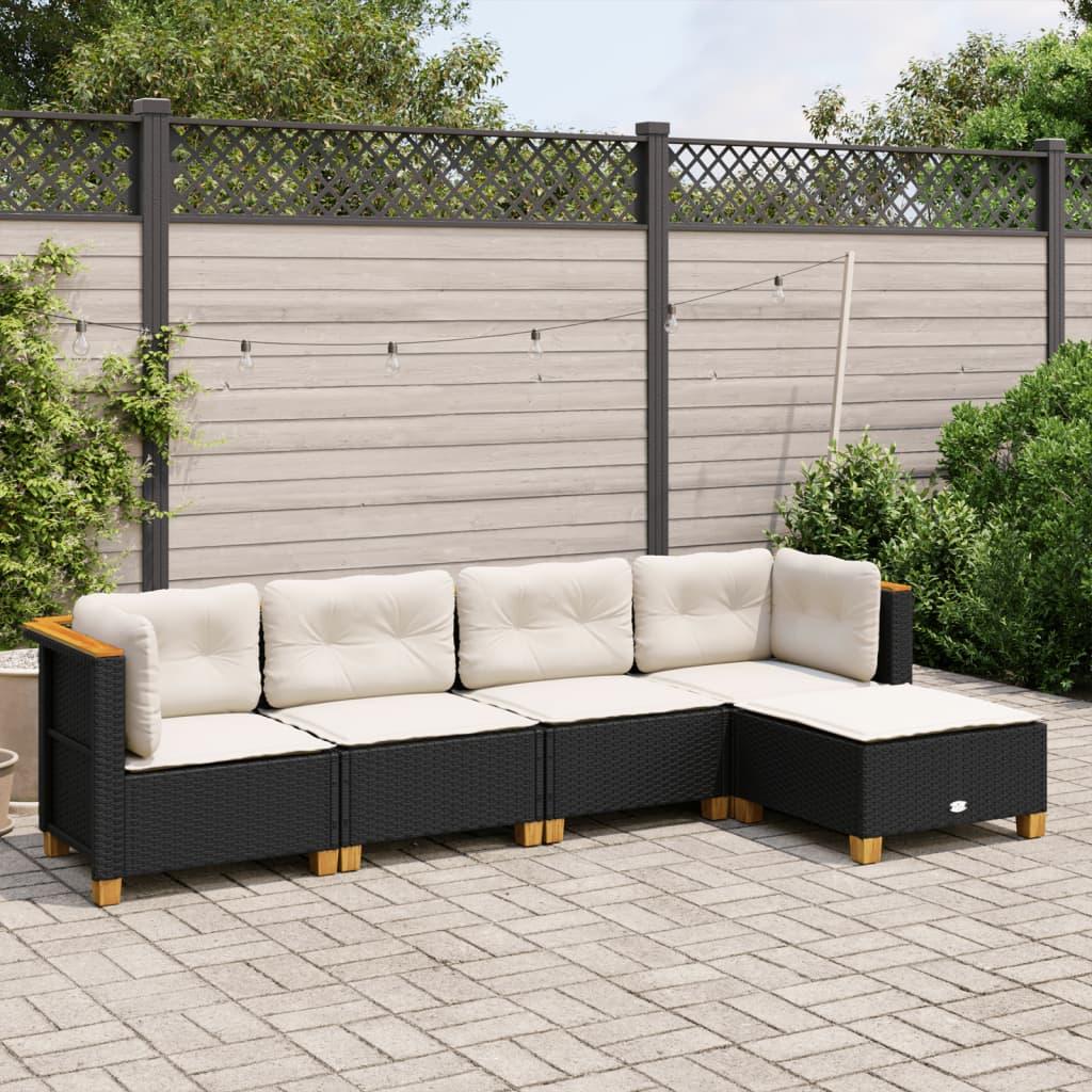 5 Piece Garden Sofa Set with Cushions Black Poly Rattan