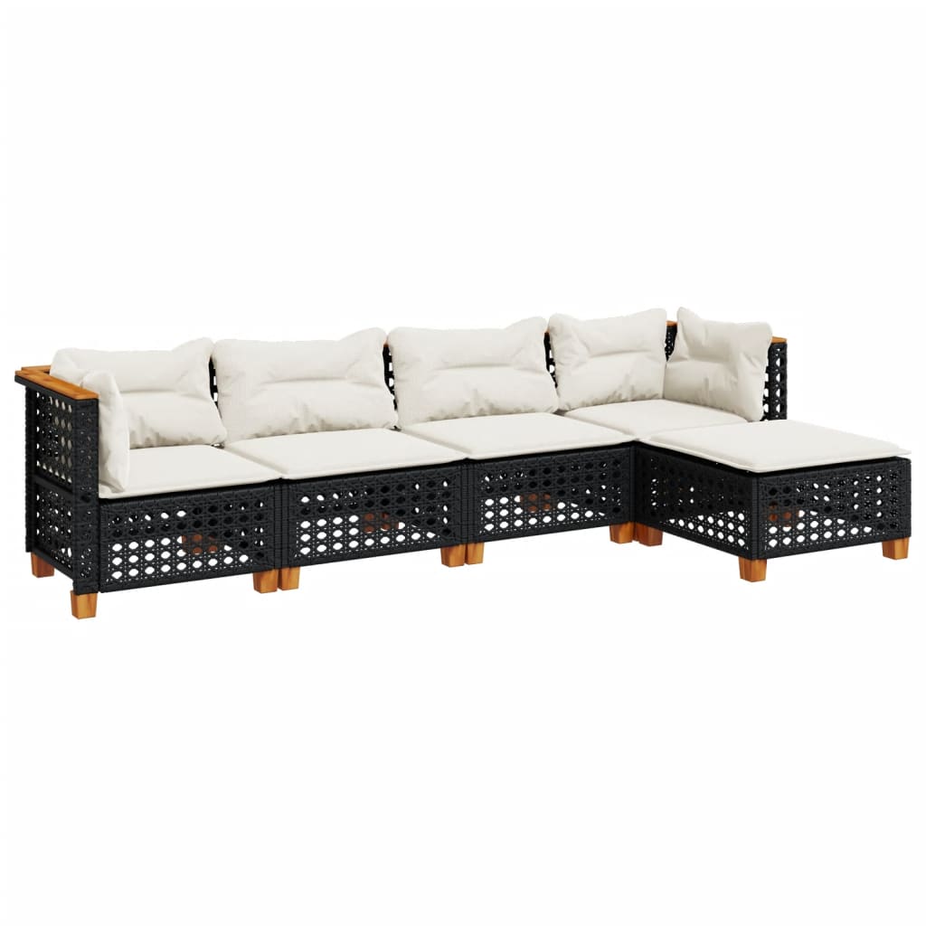 5 Piece Garden Sofa Set with Cushions Black Poly Rattan