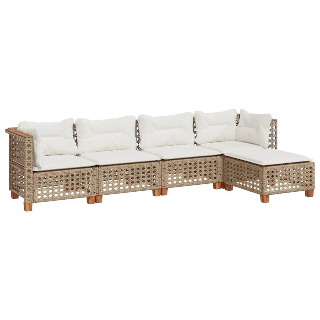 5 Piece Garden Sofa Set with Cushions Beige Poly Rattan