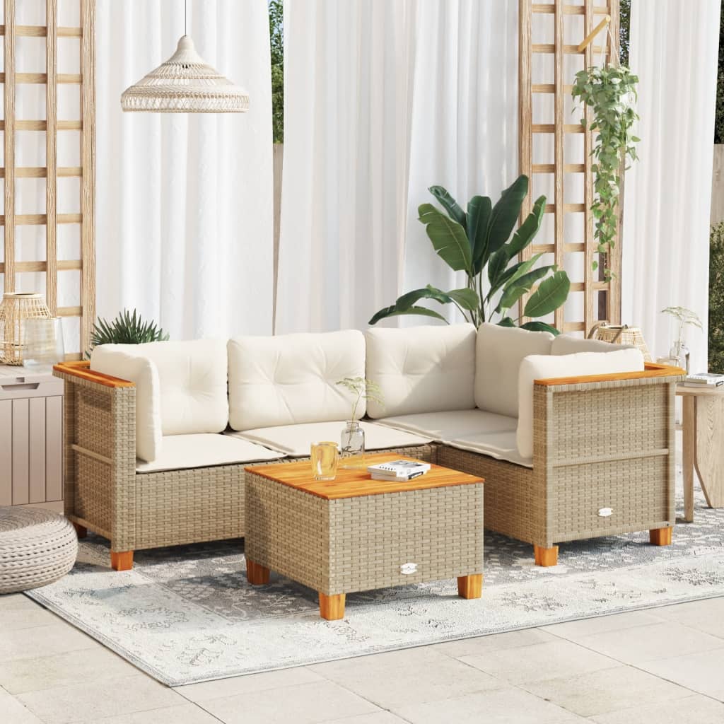 5 Piece Garden Sofa Set with Cushions Beige Poly Rattan