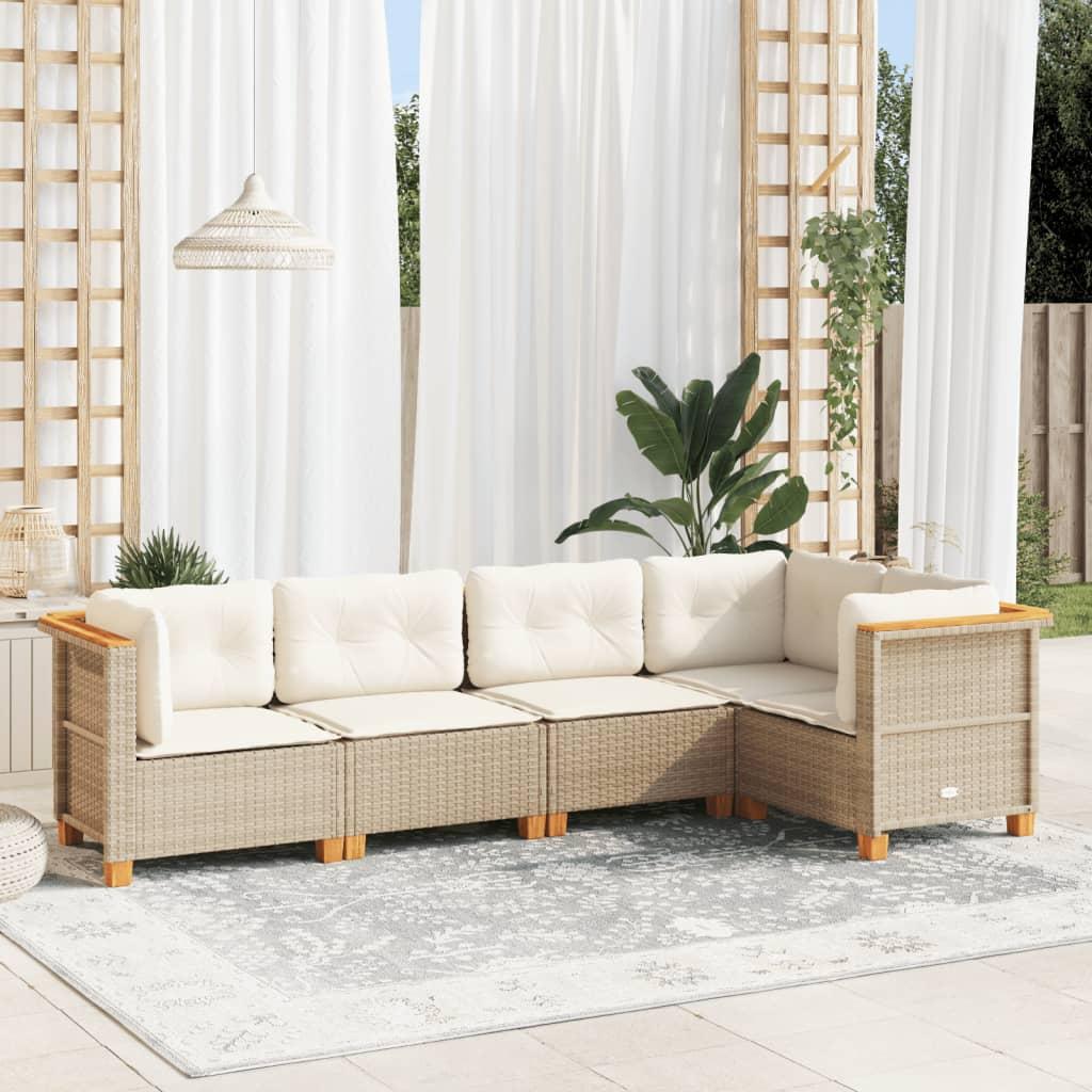 5 Piece Garden Sofa Set with Cushions Beige Poly Rattan