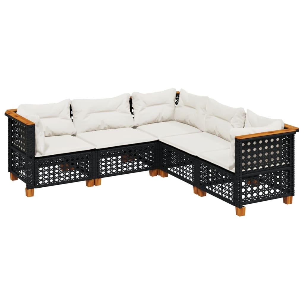 5 Piece Garden Sofa Set with Cushions Black Poly Rattan