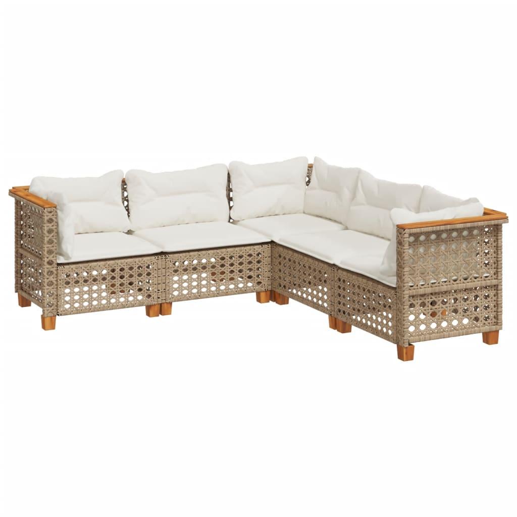 5 Piece Garden Sofa Set with Cushions Beige Poly Rattan