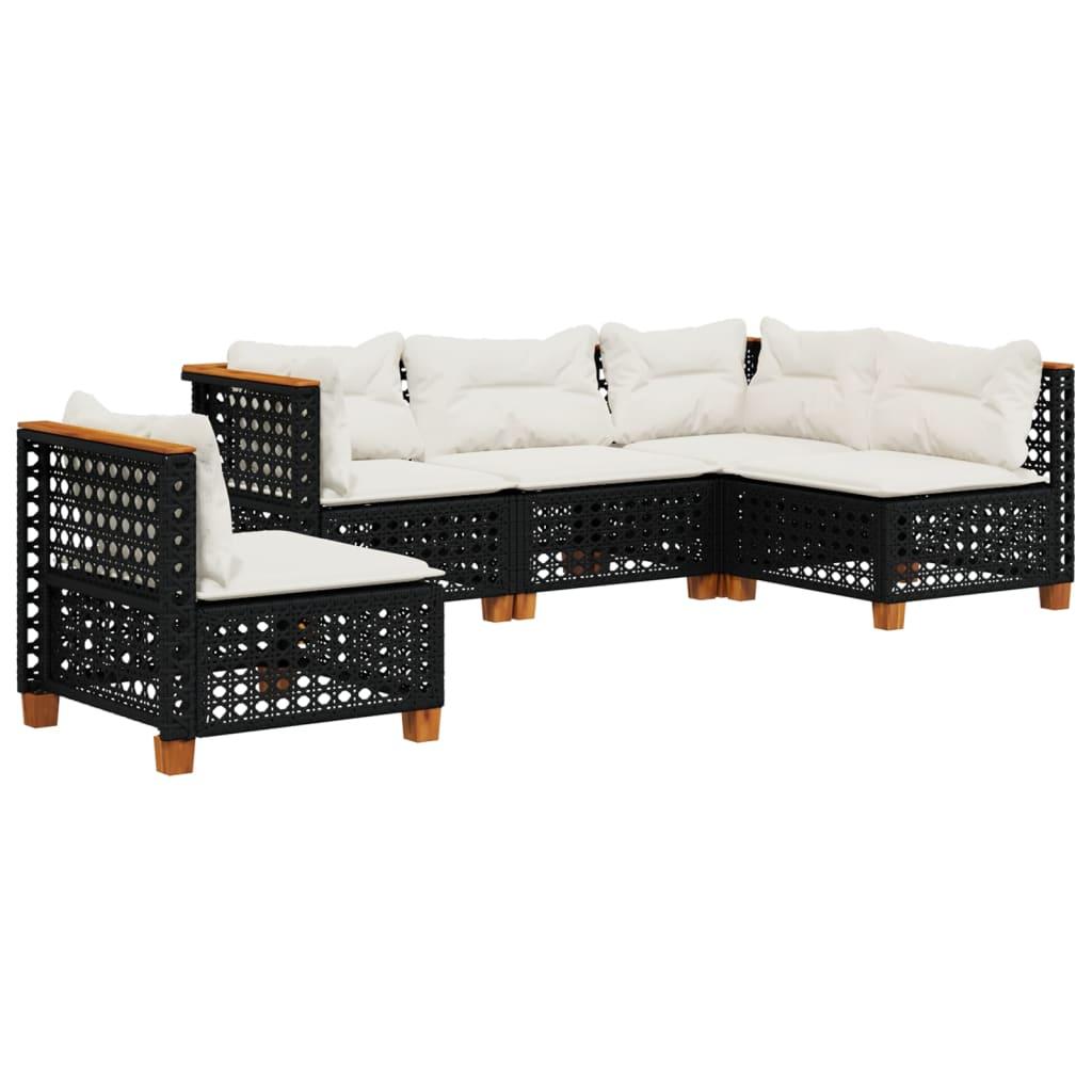 5 Piece Garden Sofa Set with Cushions Black Poly Rattan