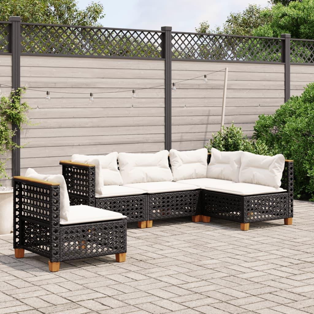 5 Piece Garden Sofa Set with Cushions Black Poly Rattan