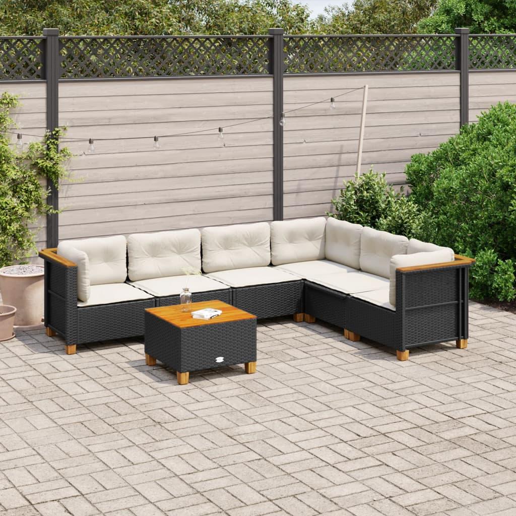 7 Piece Garden Sofa Set with Cushions Black Poly Rattan