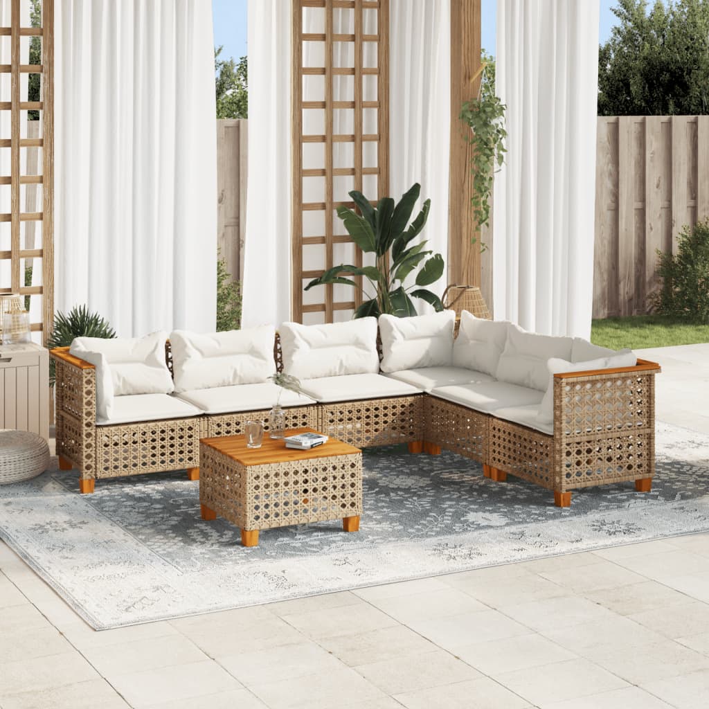 7 Piece Garden Sofa Set with Cushions Beige Poly Rattan