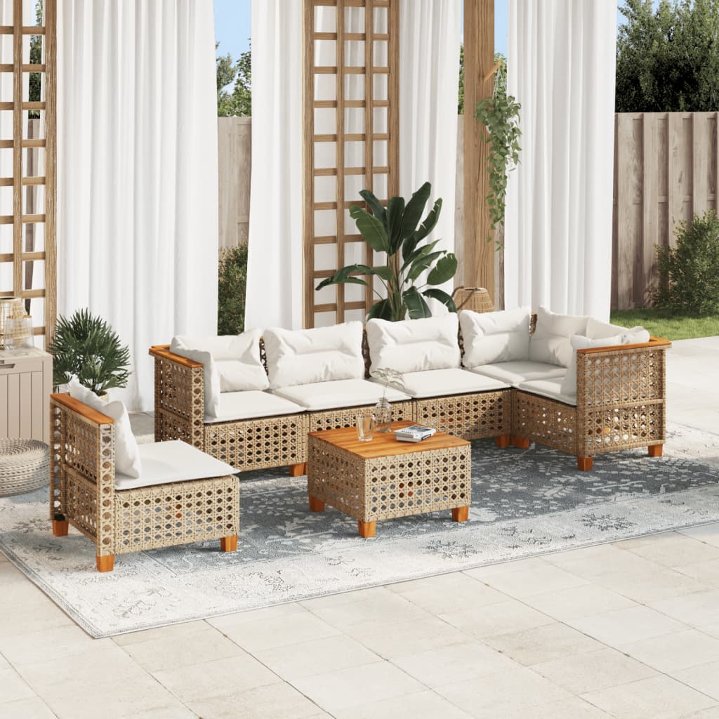 7 Piece Garden Sofa Set with Cushions Beige Poly Rattan