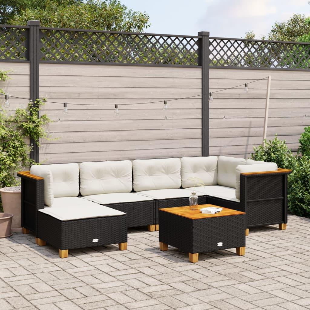 7 Piece Garden Sofa Set with Cushions Black Poly Rattan