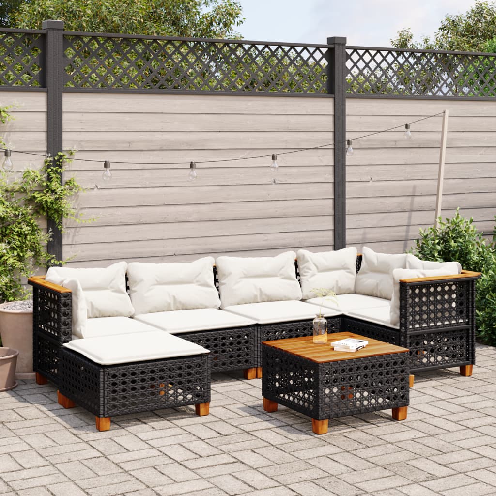 7 Piece Garden Sofa Set with Cushions Black Poly Rattan