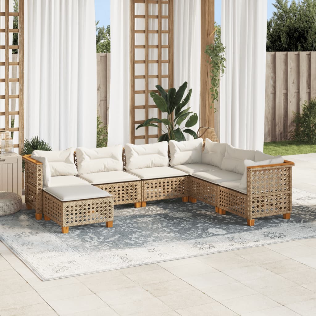 7 Piece Garden Sofa Set with Cushions Beige Poly Rattan