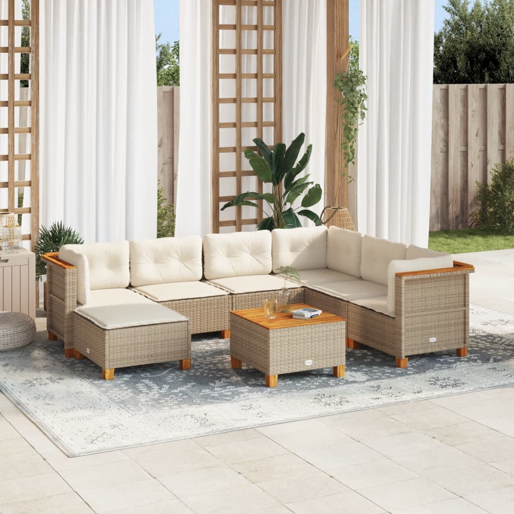 8 Piece Garden Sofa Set with Cushions Beige Poly Rattan