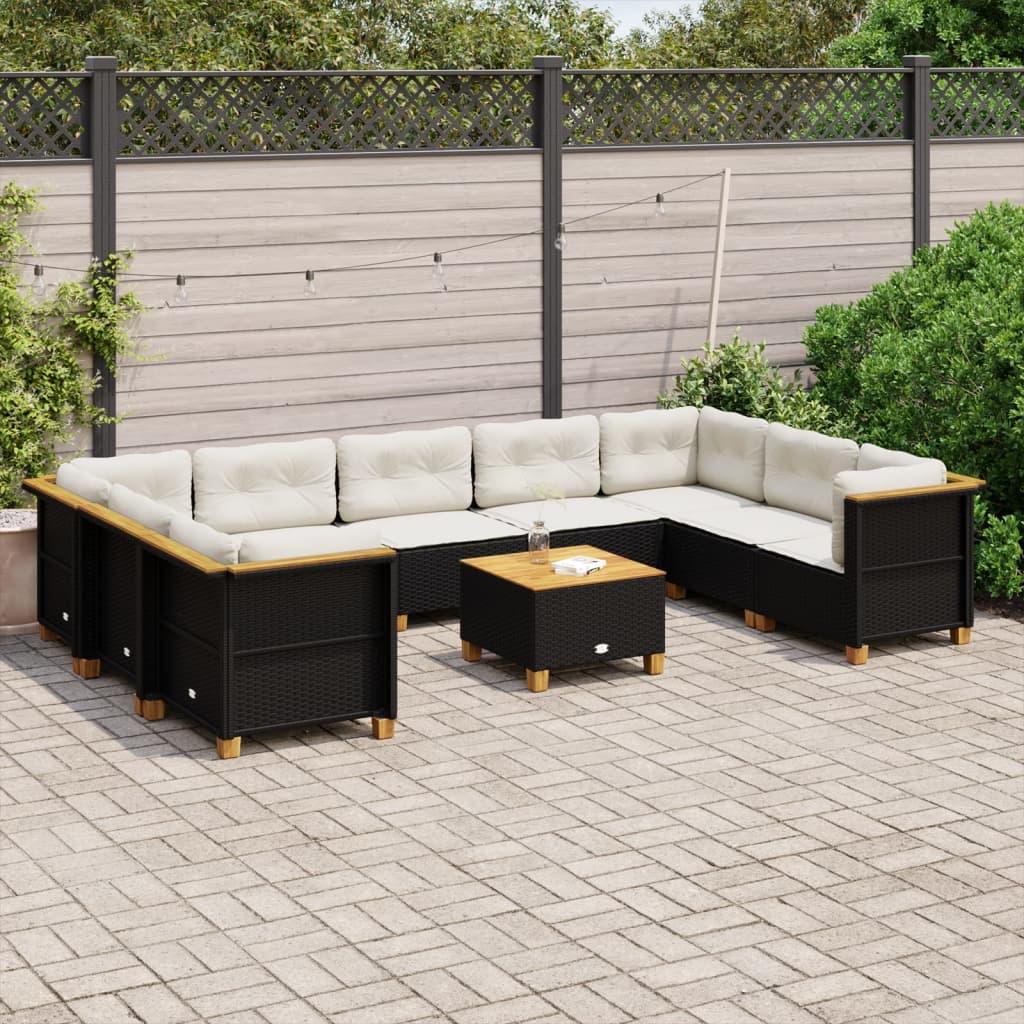 10 Piece Garden Sofa Set with Cushions Black Poly Rattan