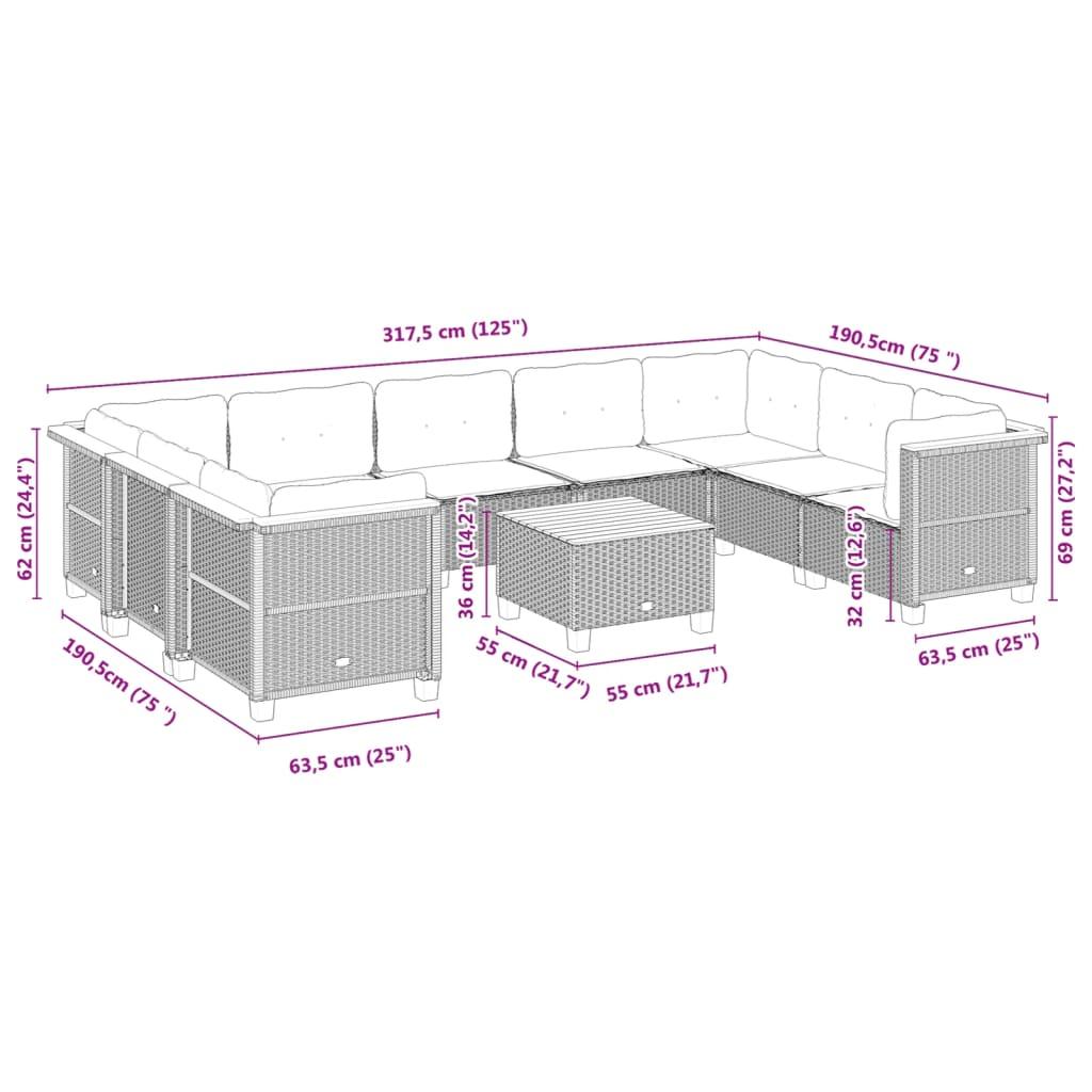 10 Piece Garden Sofa Set with Cushions Grey Poly Rattan