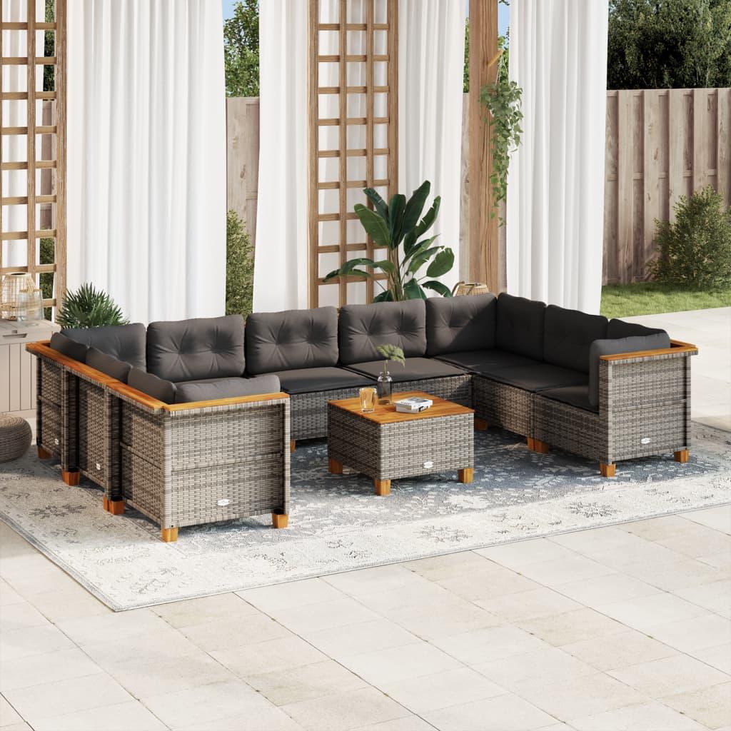 10 Piece Garden Sofa Set with Cushions Grey Poly Rattan