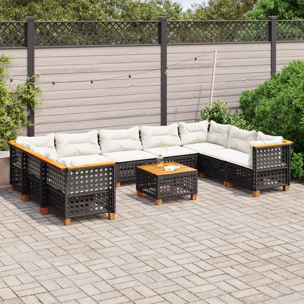 10 Piece Garden Sofa Set with Cushions Black Poly Rattan