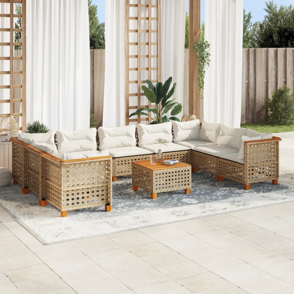 10 Piece Garden Sofa Set with Cushions Beige Poly Rattan