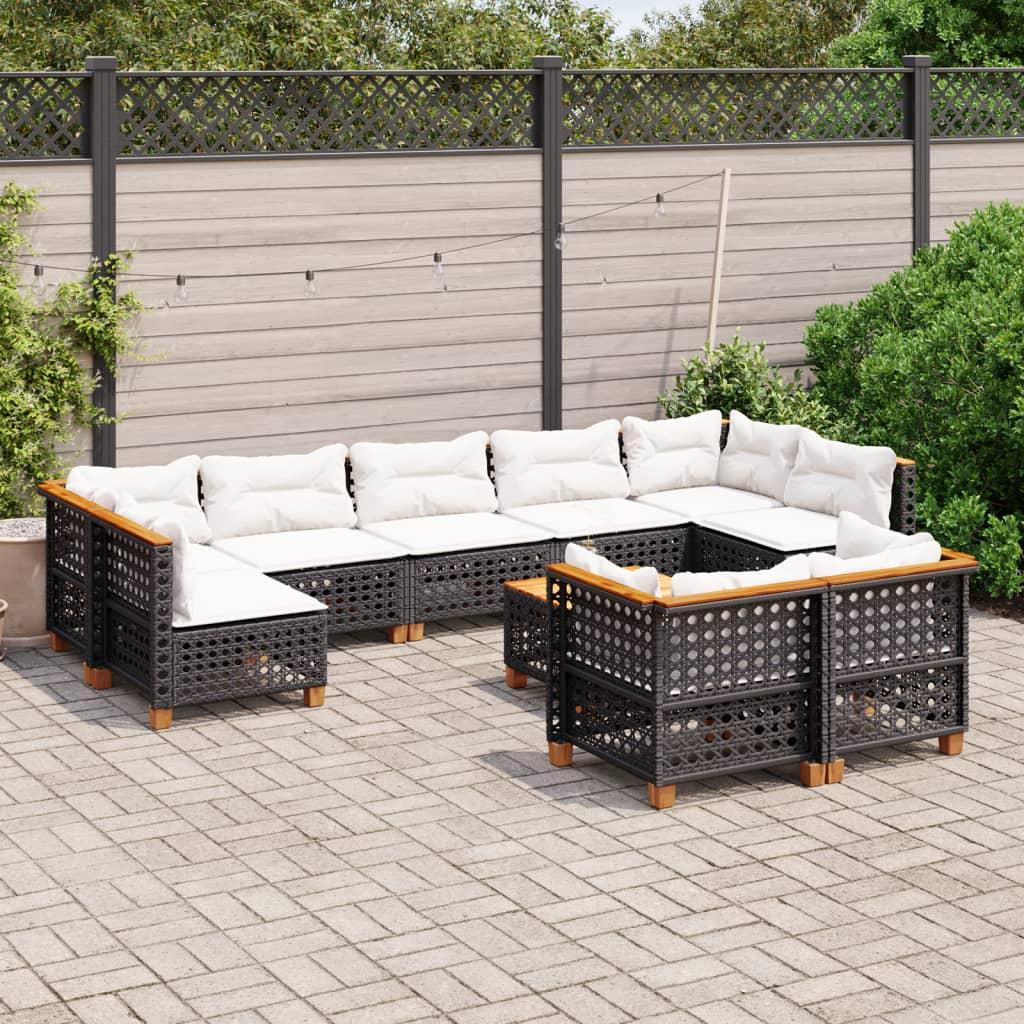 10 Piece Garden Sofa Set with Cushions Black Poly Rattan