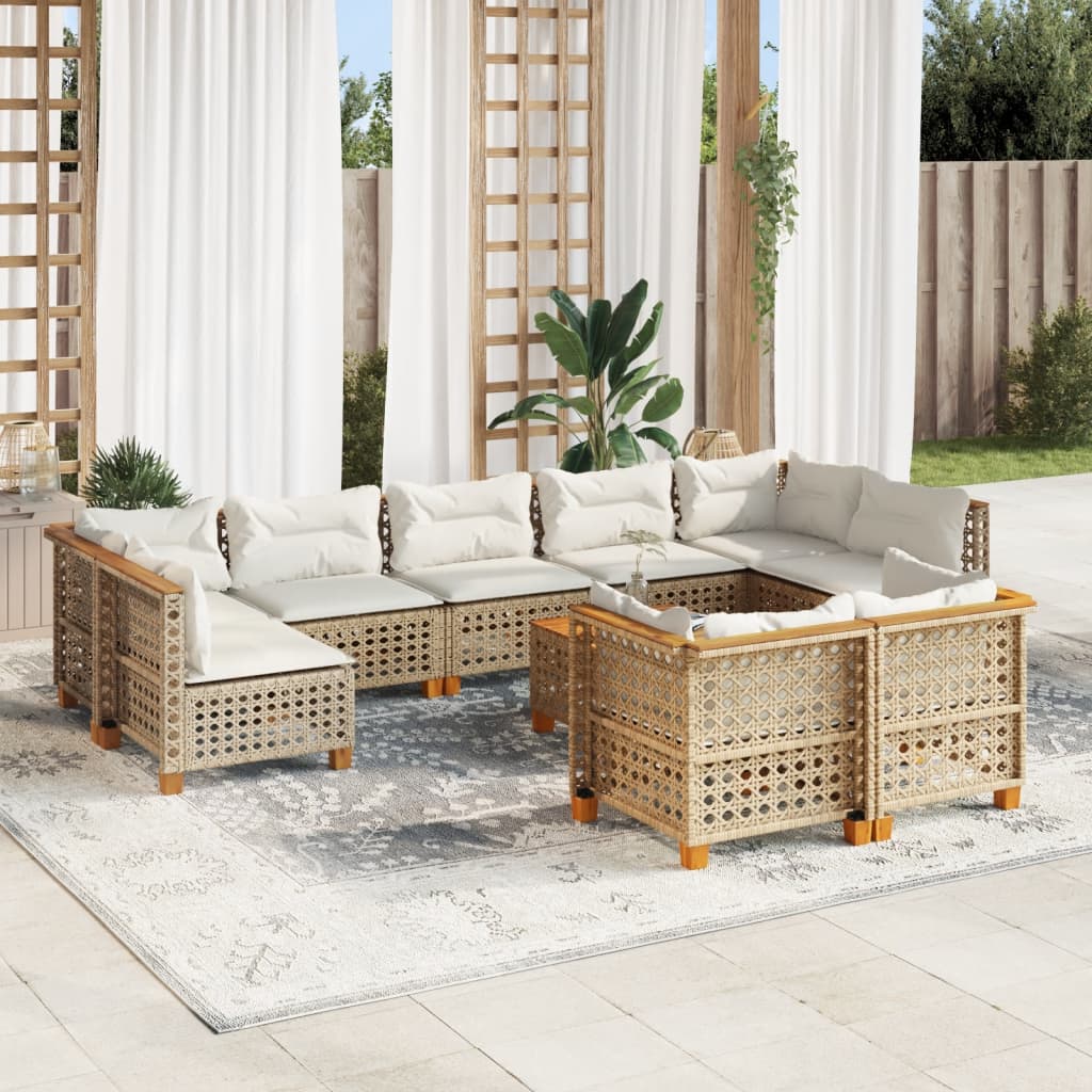 10 Piece Garden Sofa Set with Cushions Beige Poly Rattan