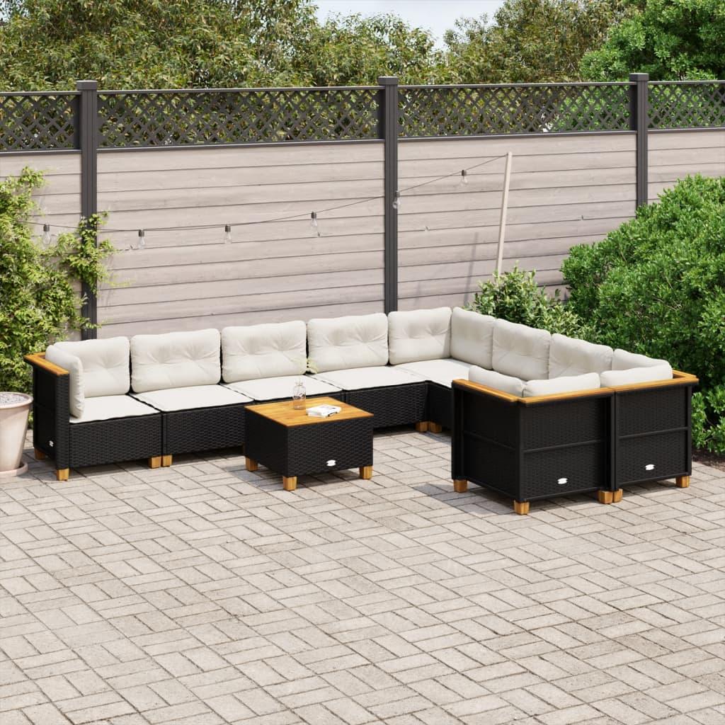 10 Piece Garden Sofa Set with Cushions Black Poly Rattan