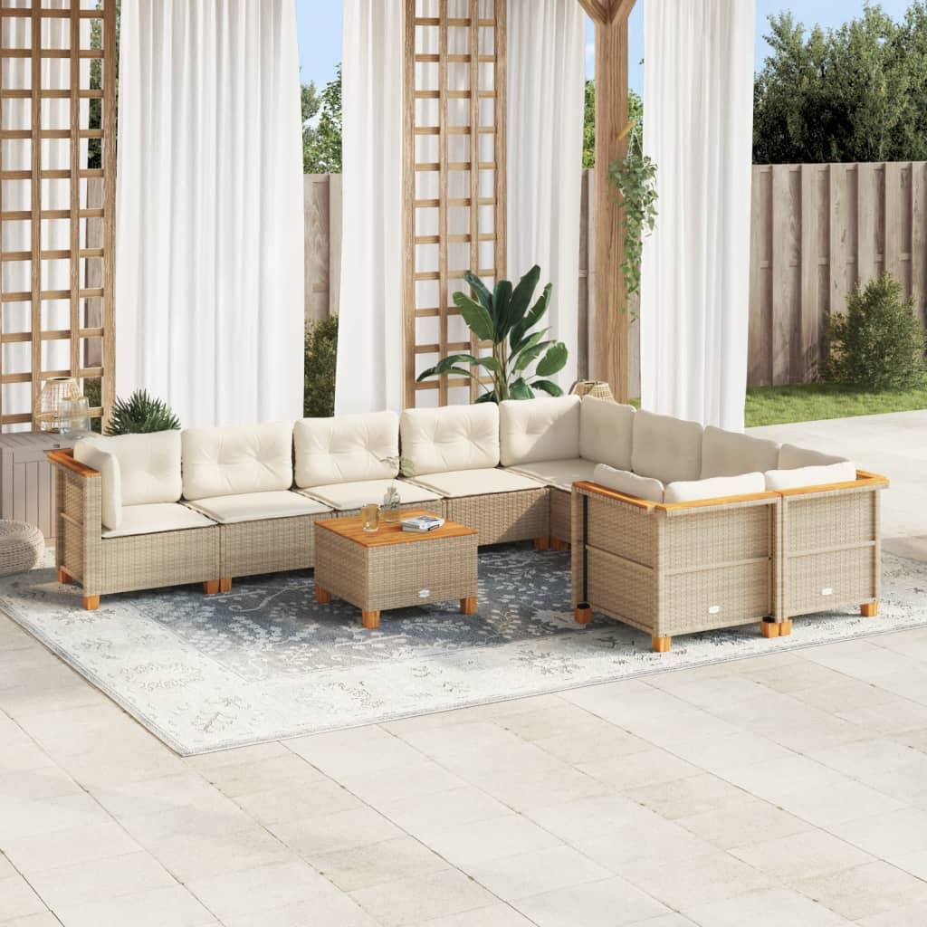 10 Piece Garden Sofa Set with Cushions Beige Poly Rattan