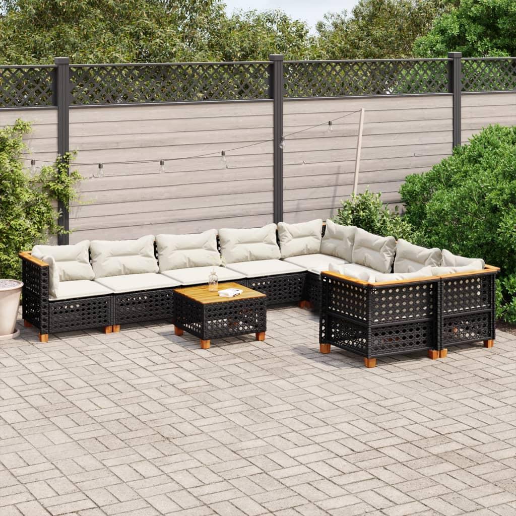 10 Piece Garden Sofa Set with Cushions Black Poly Rattan