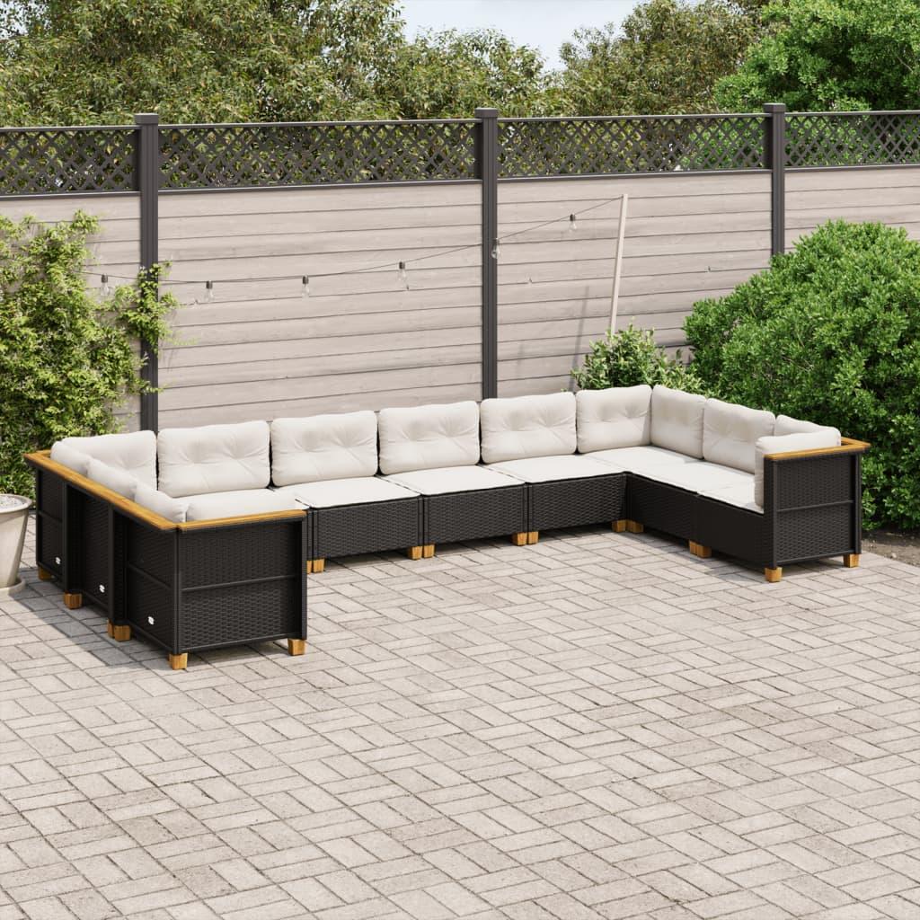 10 Piece Garden Sofa Set with Cushions Black Poly Rattan