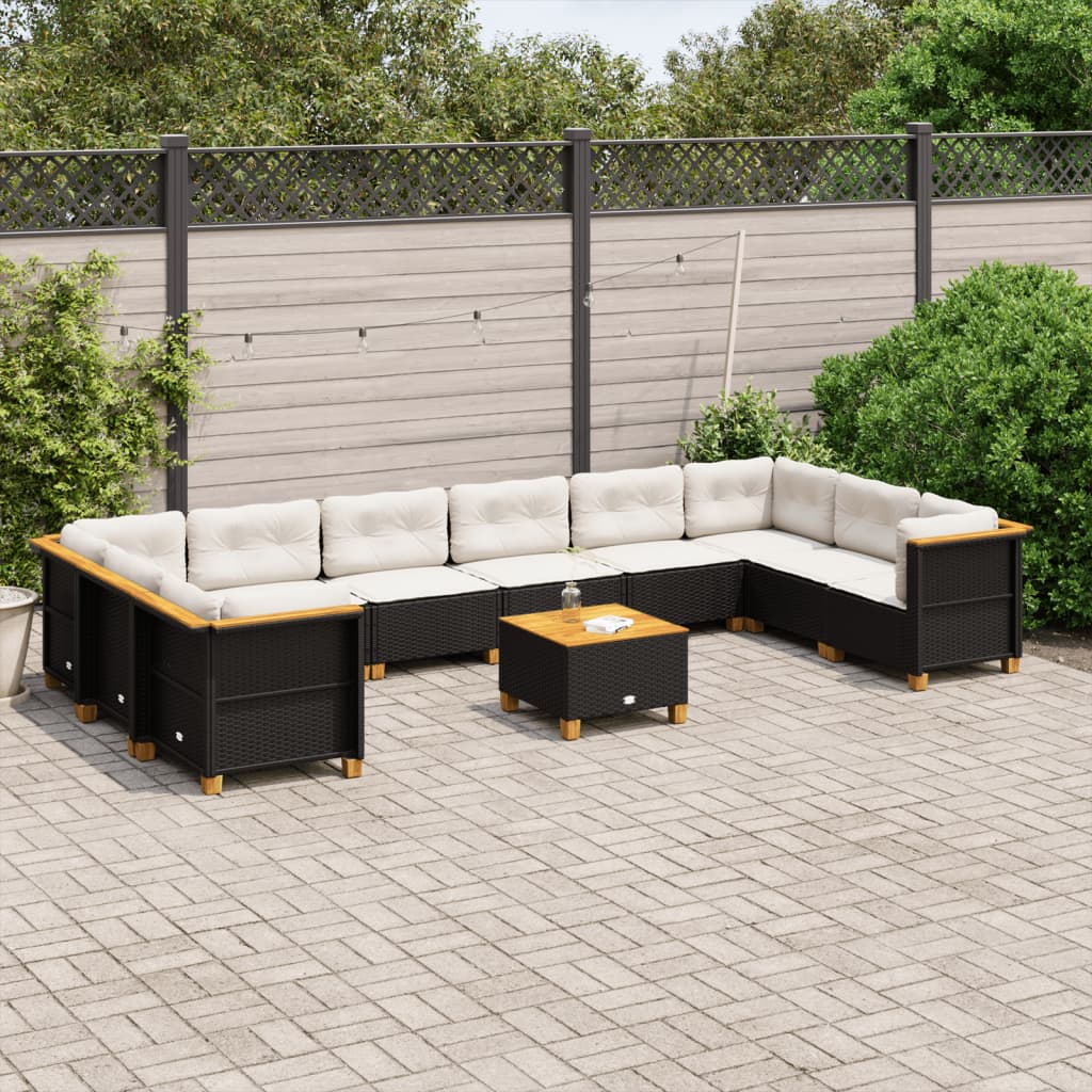 11 Piece Garden Sofa Set with Cushions Black Poly Rattan