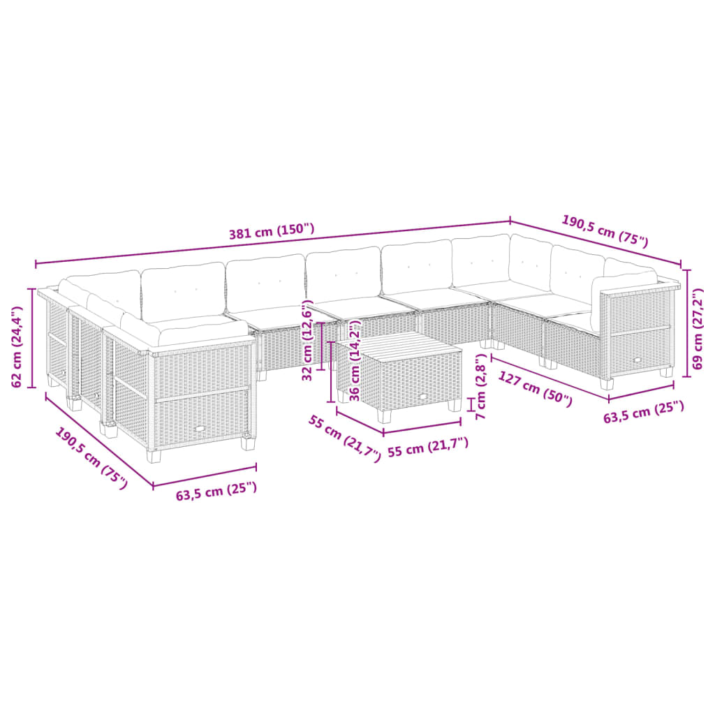 11 Piece Garden Sofa Set with Cushions Grey Poly Rattan