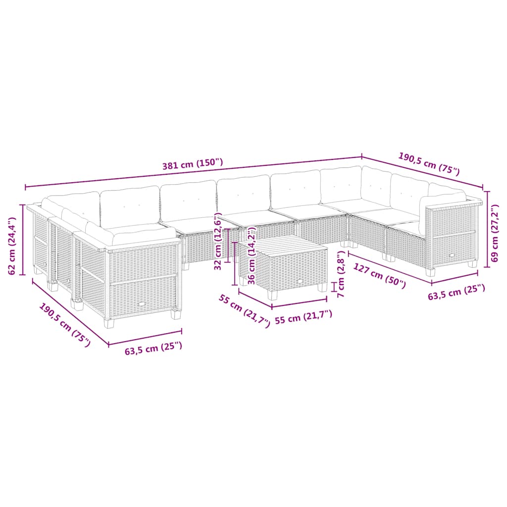 11 Piece Garden Sofa Set with Cushions Beige Poly Rattan