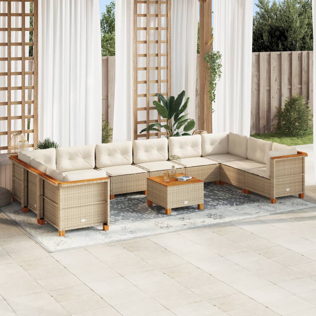 11 Piece Garden Sofa Set with Cushions Beige Poly Rattan