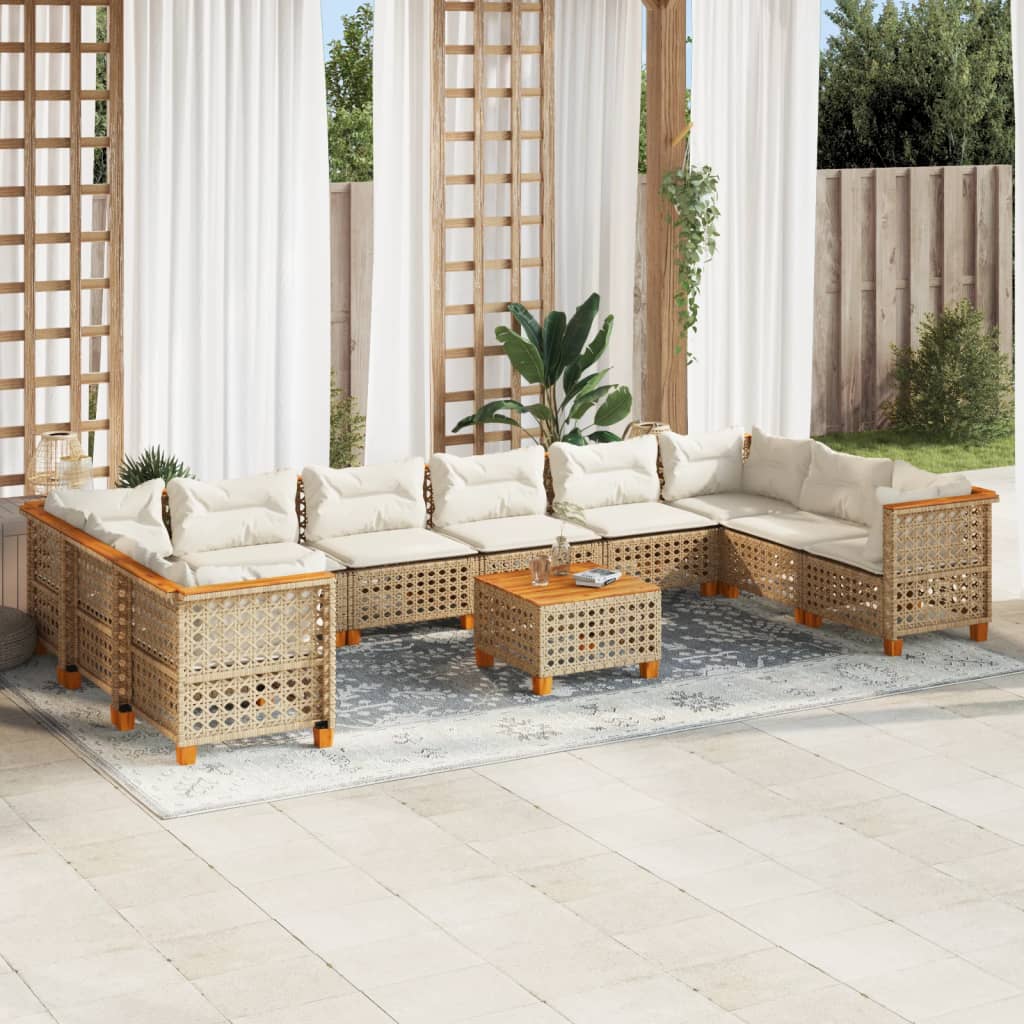 11 Piece Garden Sofa Set with Cushions Beige Poly Rattan