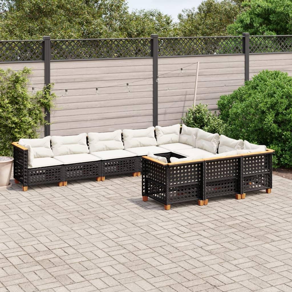 10 Piece Garden Sofa Set with Cushions Black Poly Rattan