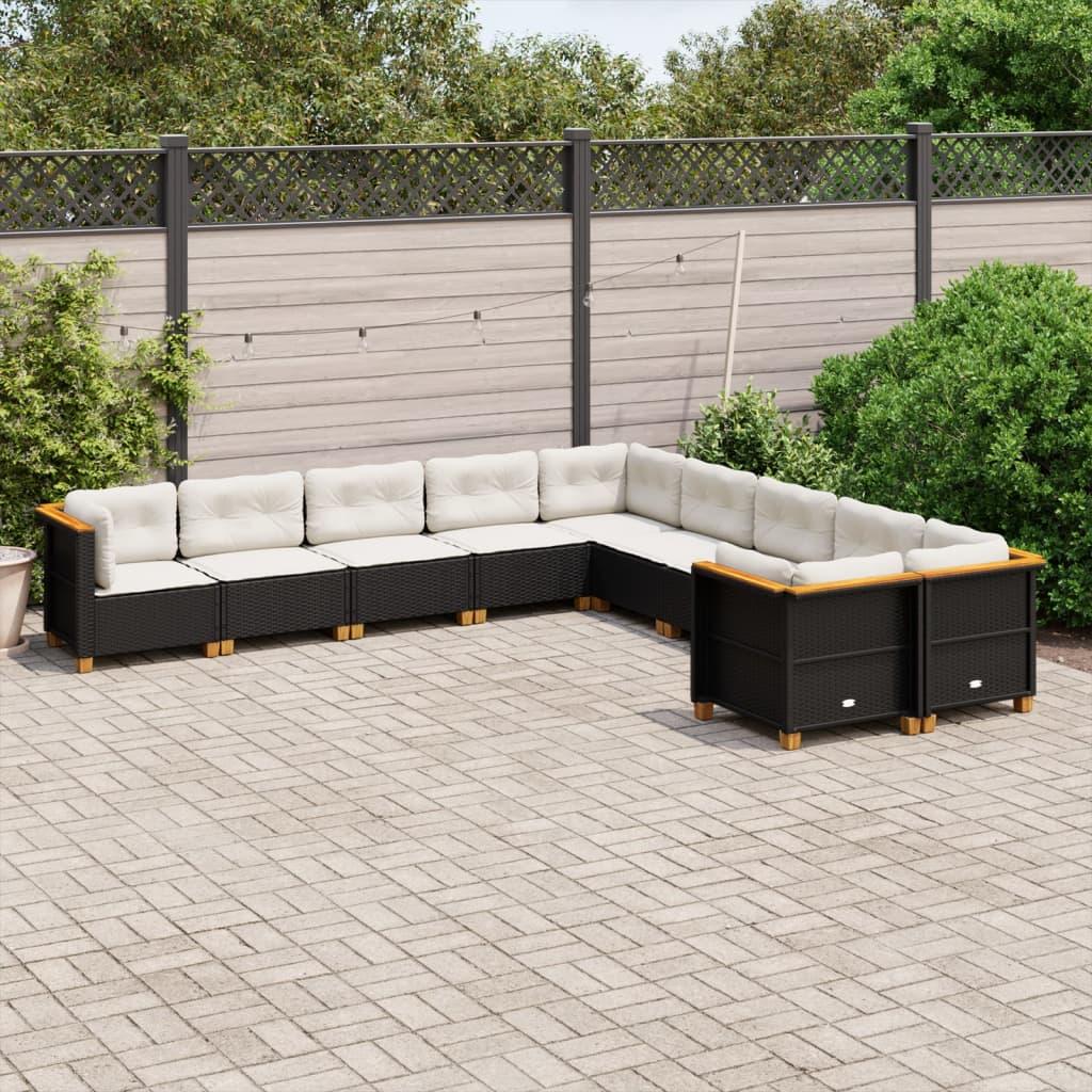 10 Piece Garden Sofa Set with Cushions Black Poly Rattan