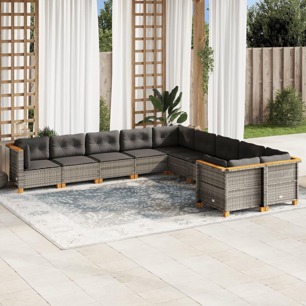 10 Piece Garden Sofa Set with Cushions Grey Poly Rattan