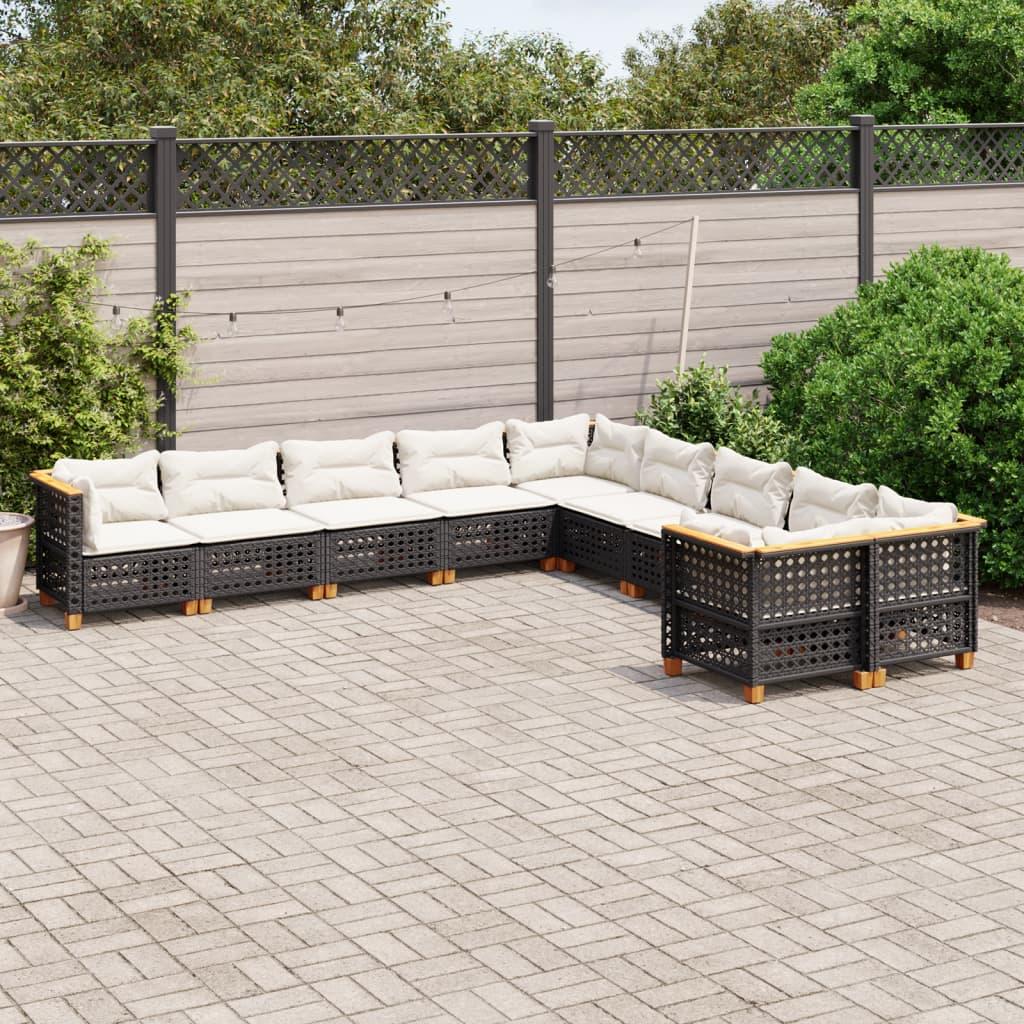 10 Piece Garden Sofa Set with Cushions Black Poly Rattan