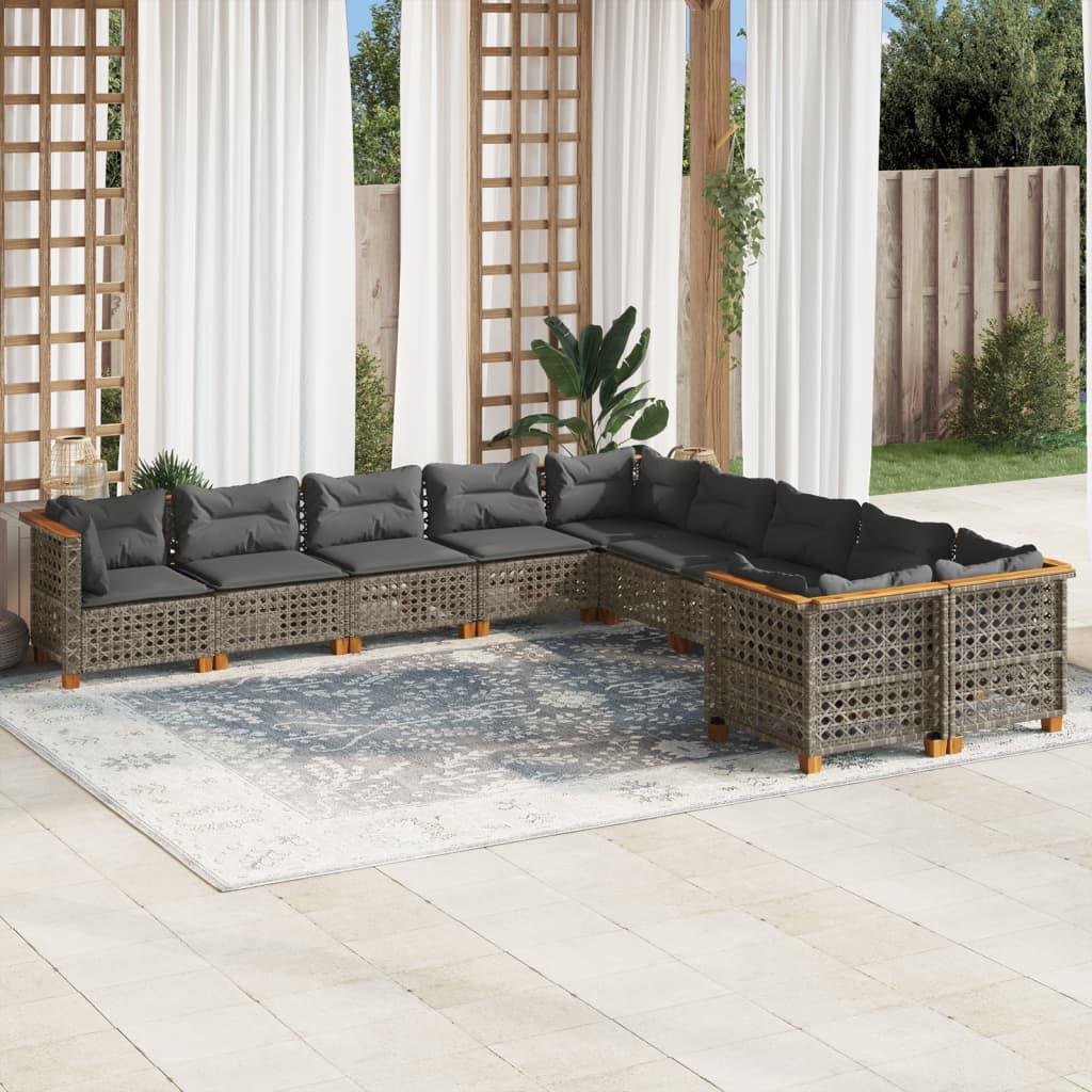 10 Piece Garden Sofa Set with Cushions Grey Poly Rattan