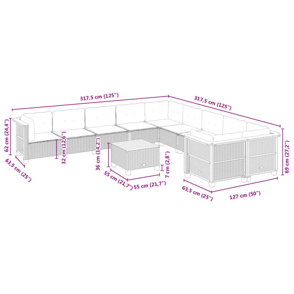 11 Piece Garden Sofa Set with Cushions Grey Poly Rattan